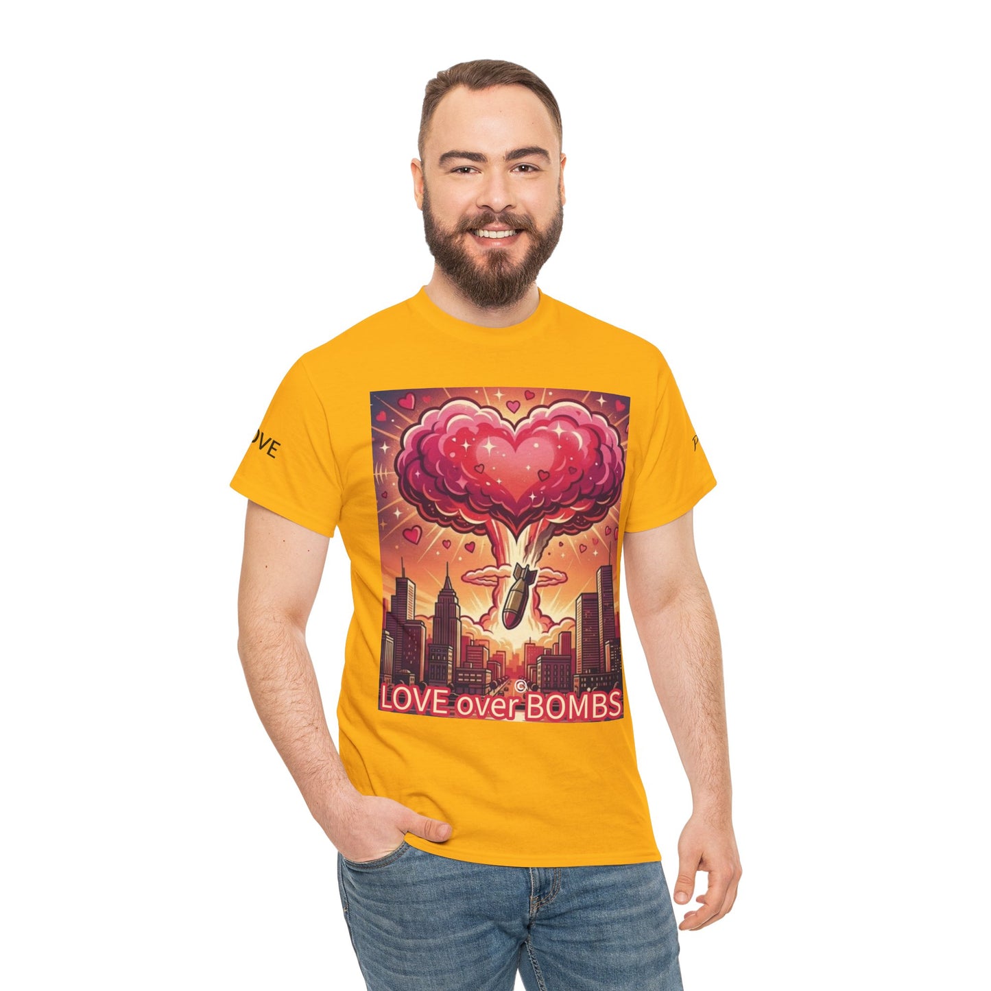 Love Over Bombs T-Shirt — Retro Heart Cloud Peace Tee