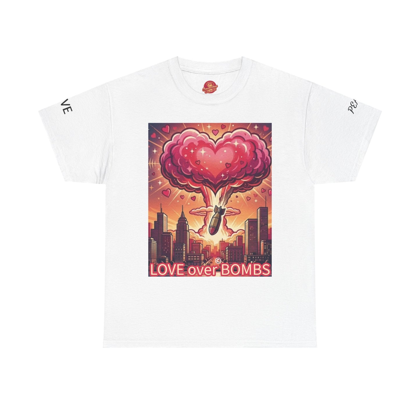 Love Over Bombs T-Shirt — Retro Heart Cloud Peace Tee