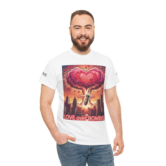 Love Over Bombs T-Shirt — Retro Heart Cloud Peace Tee