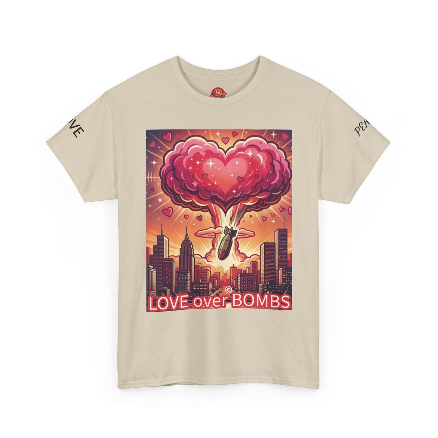 Love Over Bombs T-Shirt — Retro Heart Cloud Peace Tee