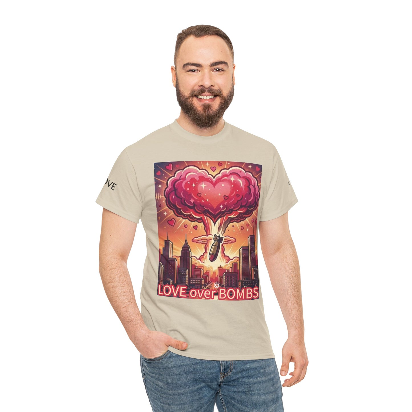 Love Over Bombs T-Shirt — Retro Heart Cloud Peace Tee