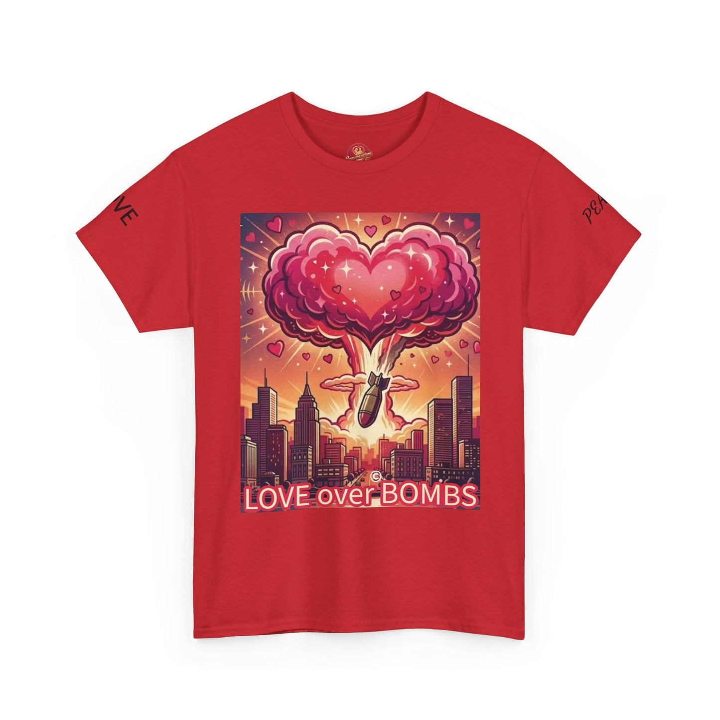 Love Over Bombs T-Shirt — Retro Heart Cloud Peace Tee