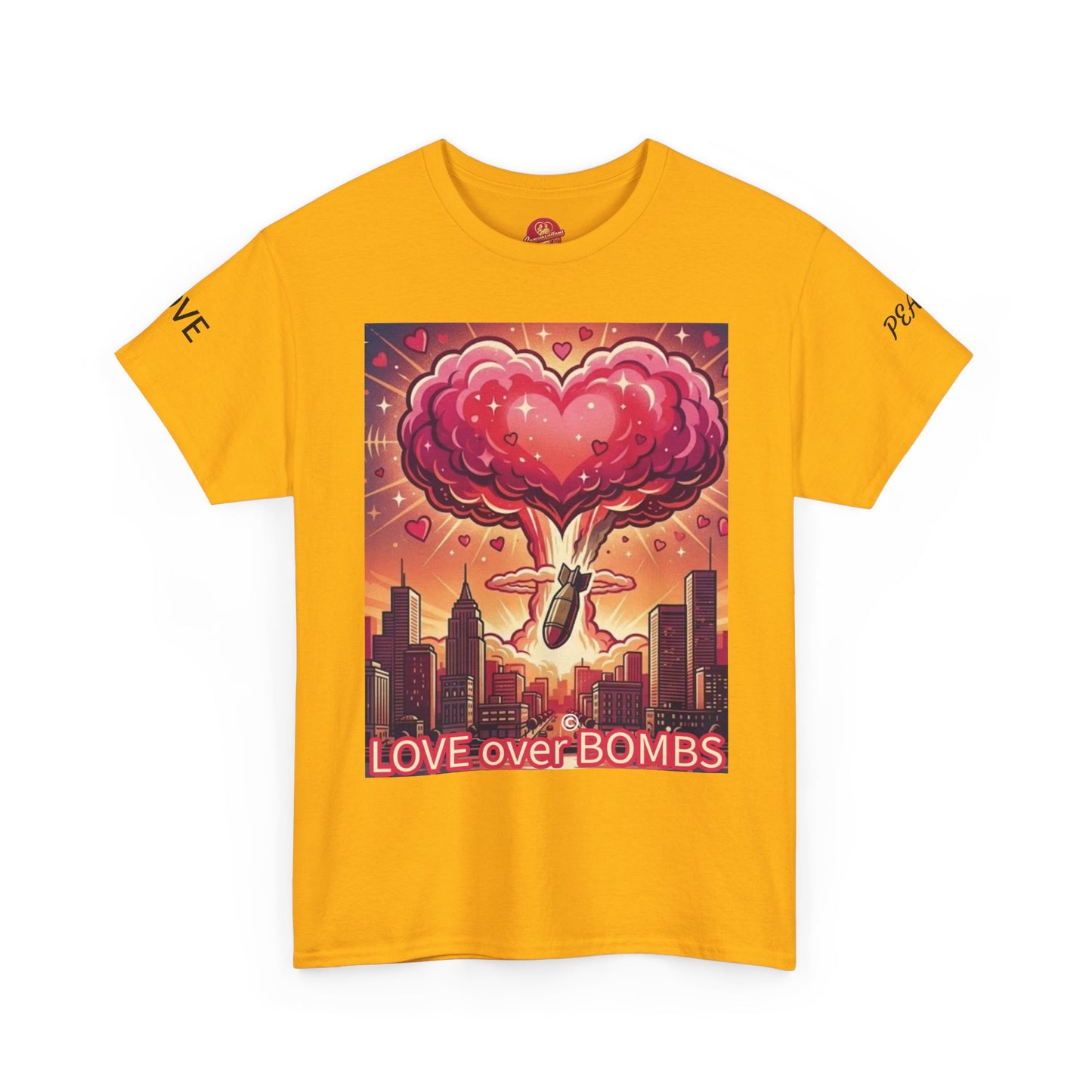 Love Over Bombs T-Shirt — Retro Heart Cloud Peace Tee