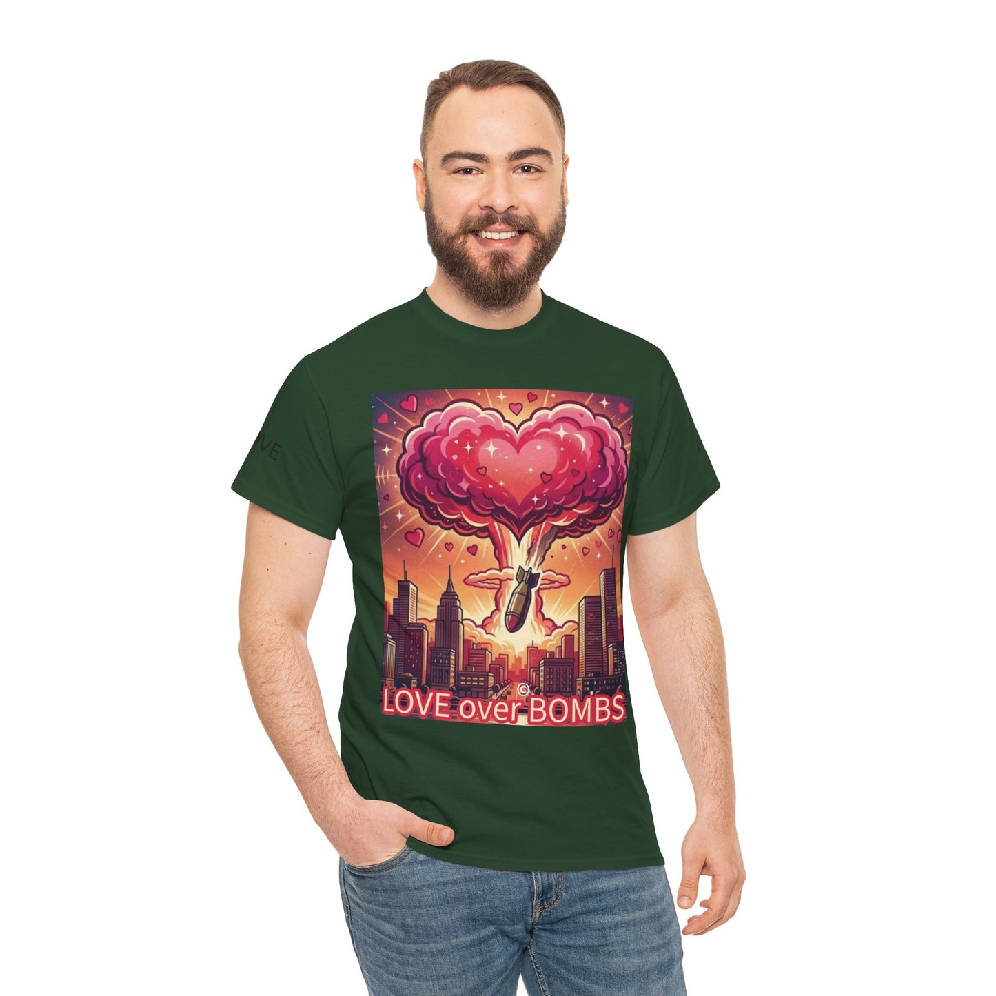 Love Over Bombs T-Shirt — Retro Heart Cloud Peace Tee