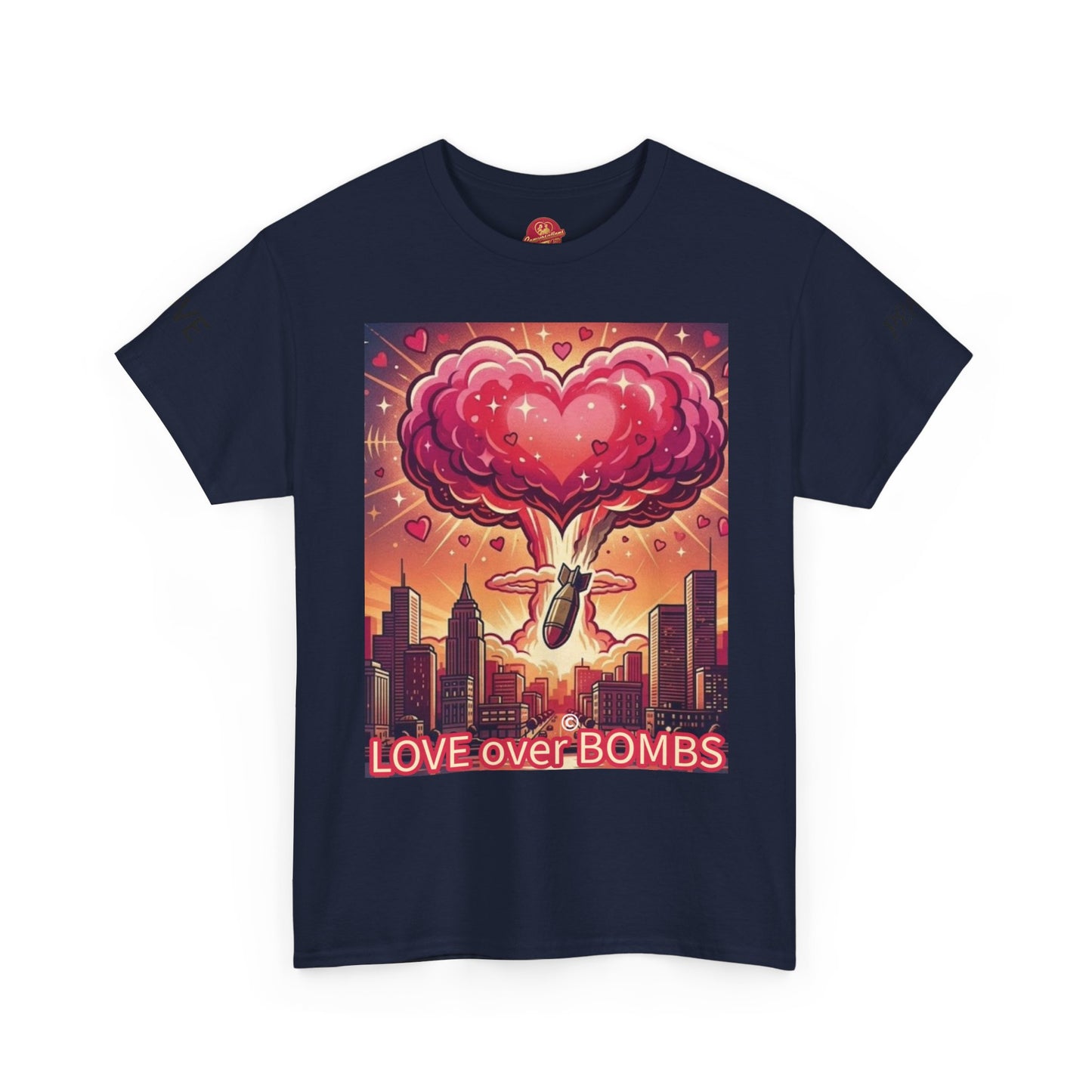 Love Over Bombs T-Shirt — Retro Heart Cloud Peace Tee