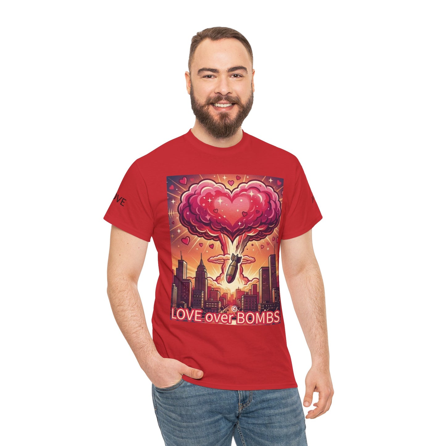 Love Over Bombs T-Shirt — Retro Heart Cloud Peace Tee