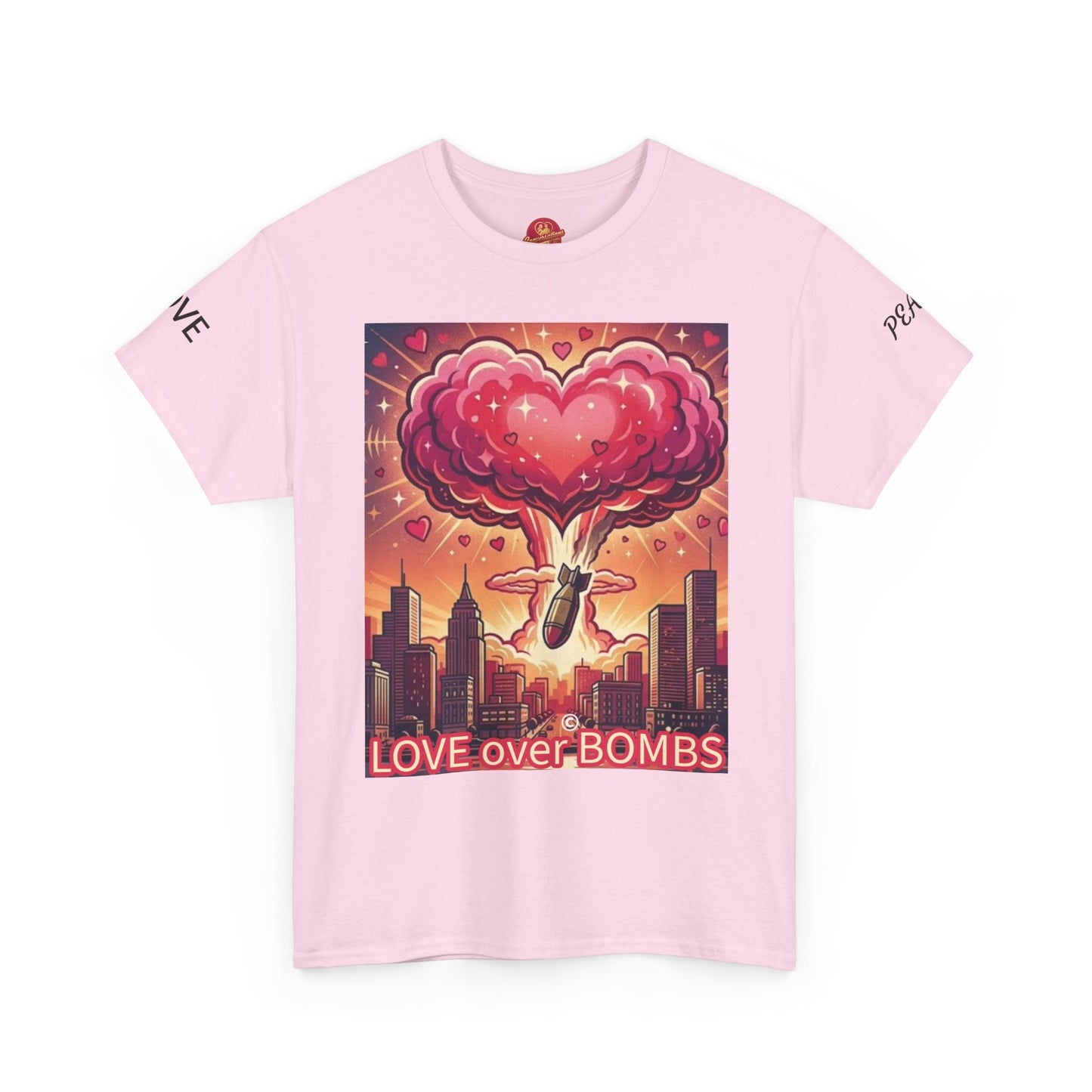 Love Over Bombs T-Shirt — Retro Heart Cloud Peace Tee