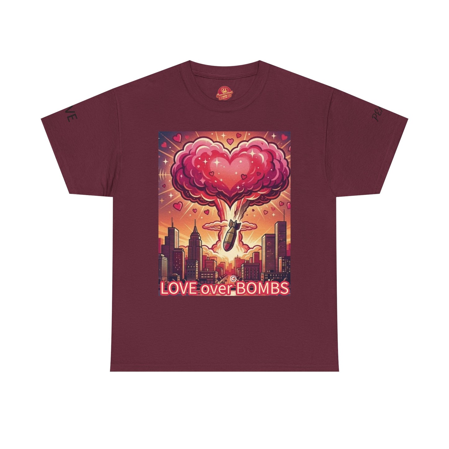 Love Over Bombs T-Shirt — Retro Heart Cloud Peace Tee