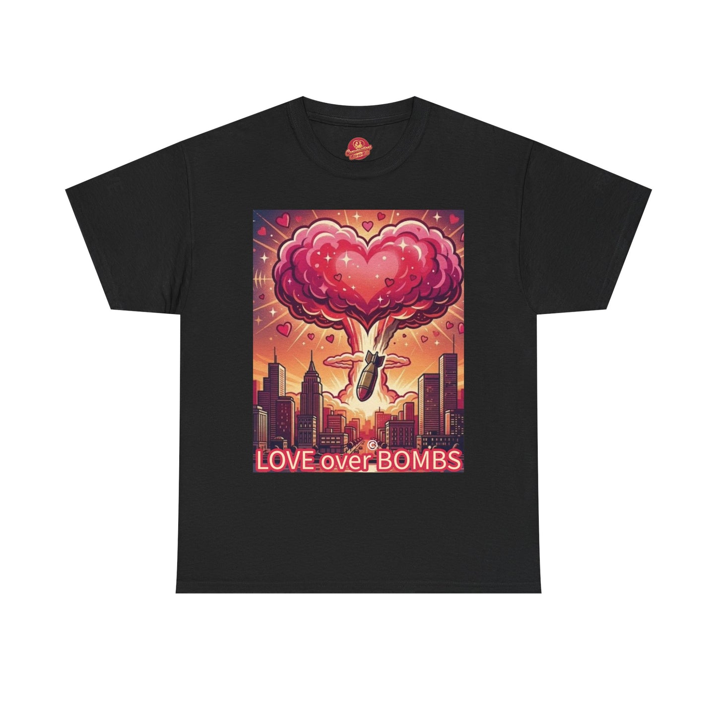 Love Over Bombs T-Shirt — Retro Heart Cloud Peace Tee