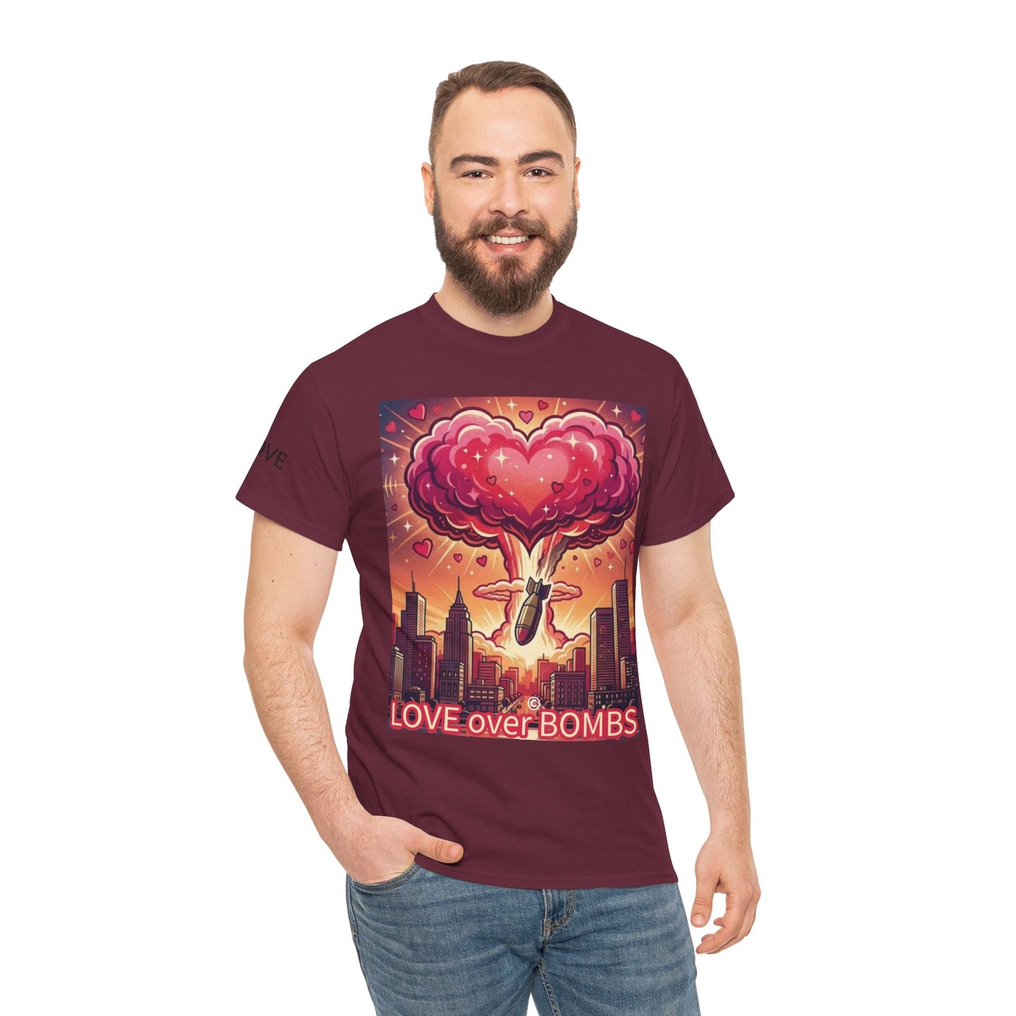Love Over Bombs T-Shirt — Retro Heart Cloud Peace Tee