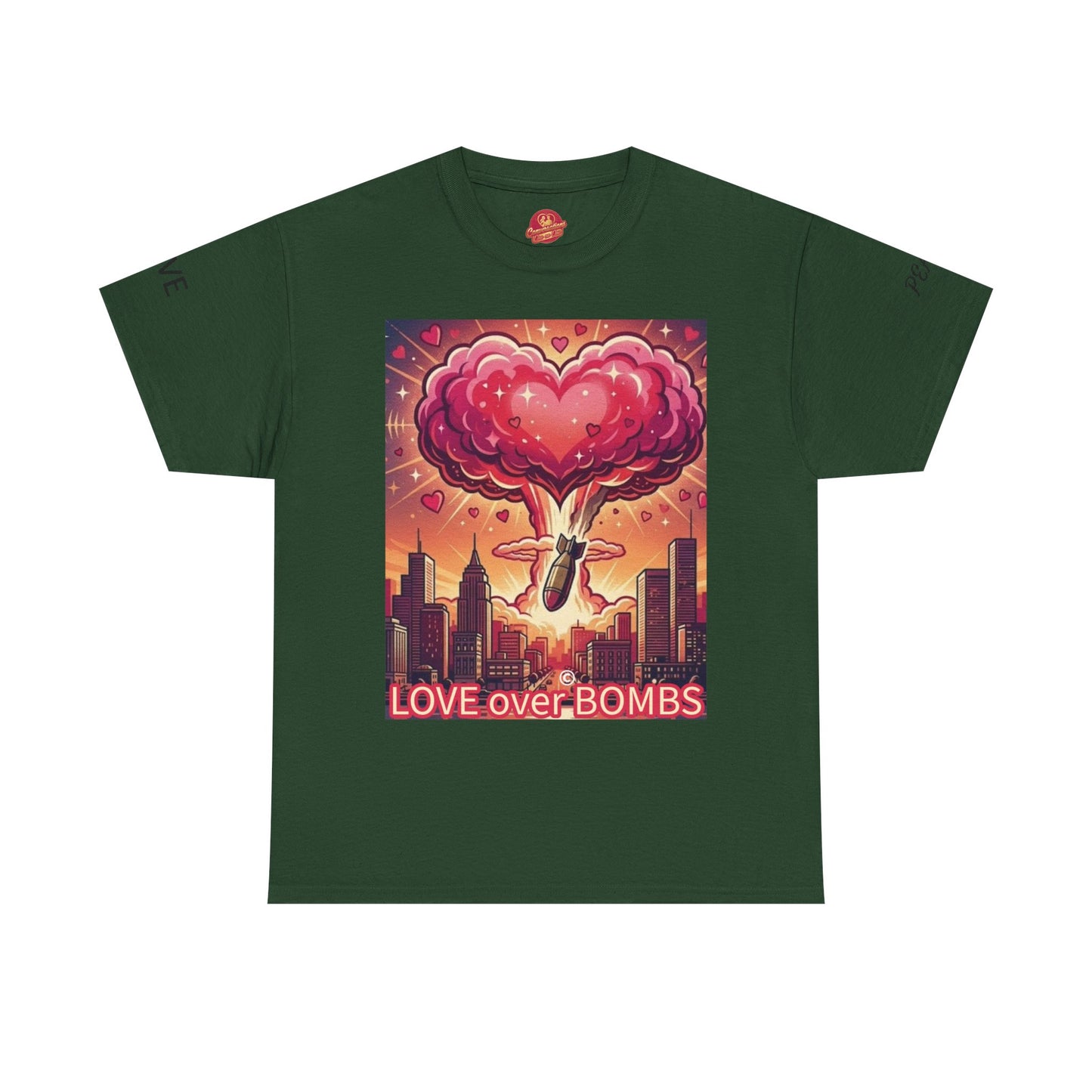 Love Over Bombs T-Shirt — Retro Heart Cloud Peace Tee