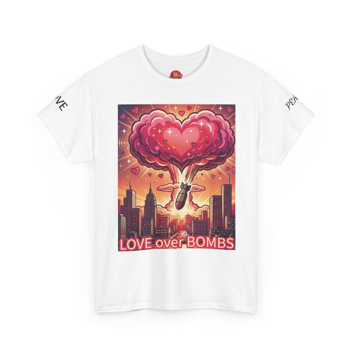 Love Over Bombs T-Shirt — Retro Heart Cloud Peace Tee