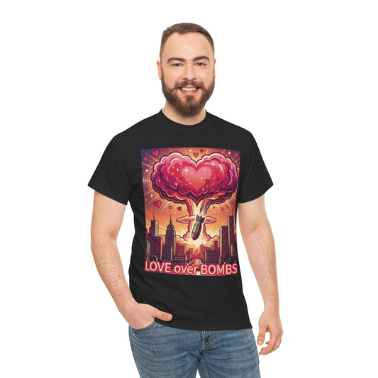 Love Over Bombs T-Shirt — Retro Heart Cloud Peace Tee