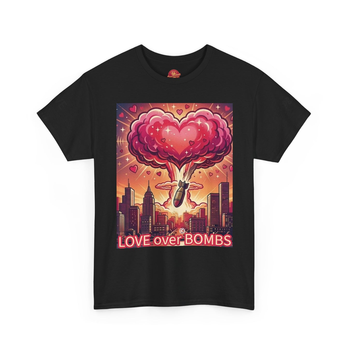 Love Over Bombs T-Shirt — Retro Heart Cloud Peace Tee