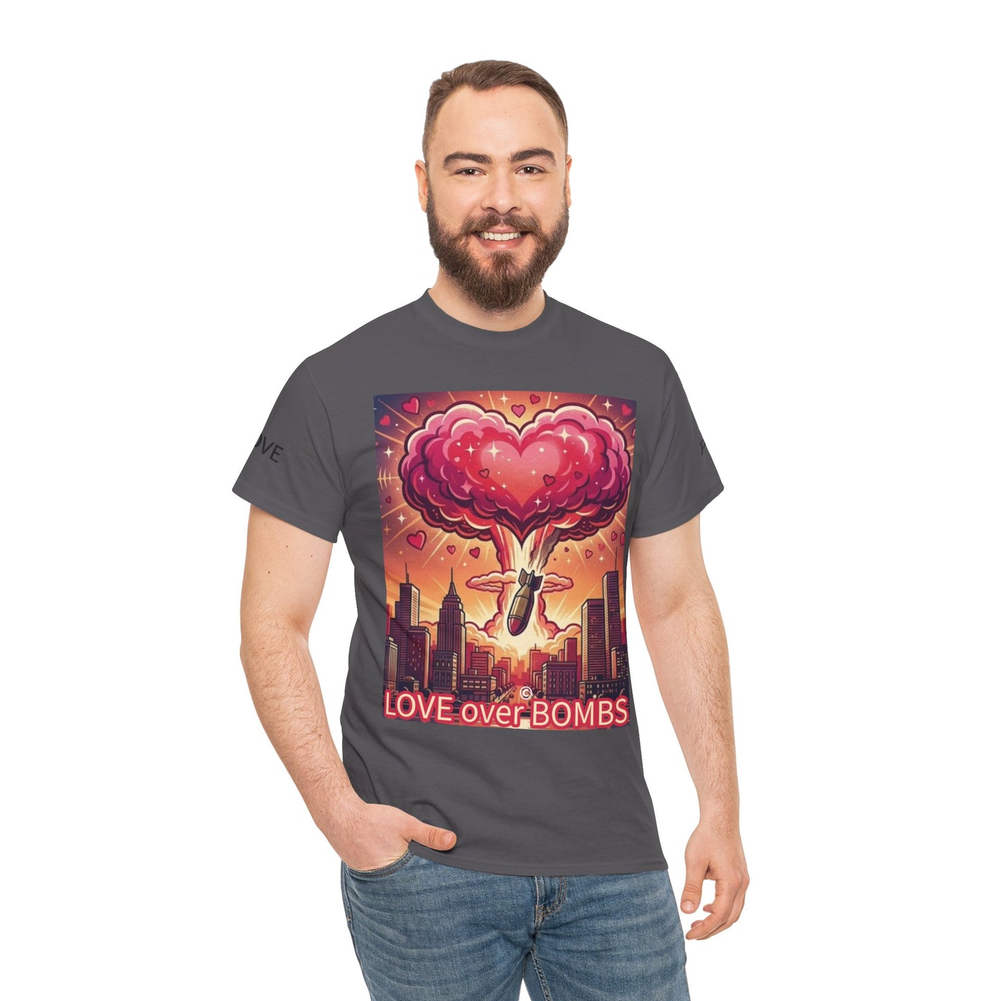 Love Over Bombs T-Shirt — Retro Heart Cloud Peace Tee